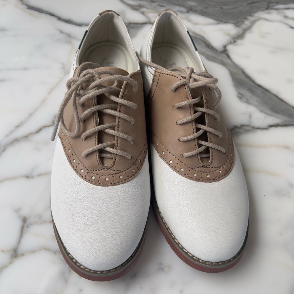 Eastland White and Tan Flats Timeless Two-Tone Design